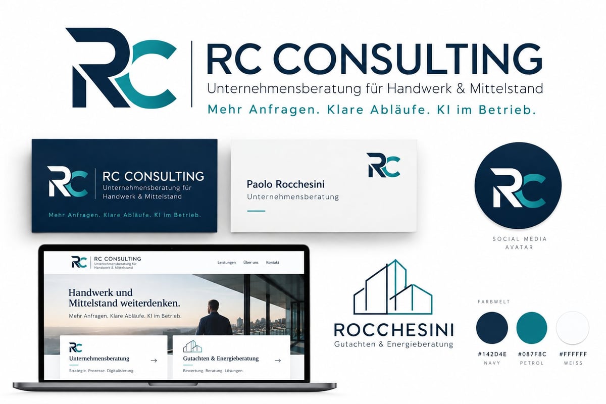 RC Consulting branding guidelines showing logo, business card, website design, and color palette for business consulting company